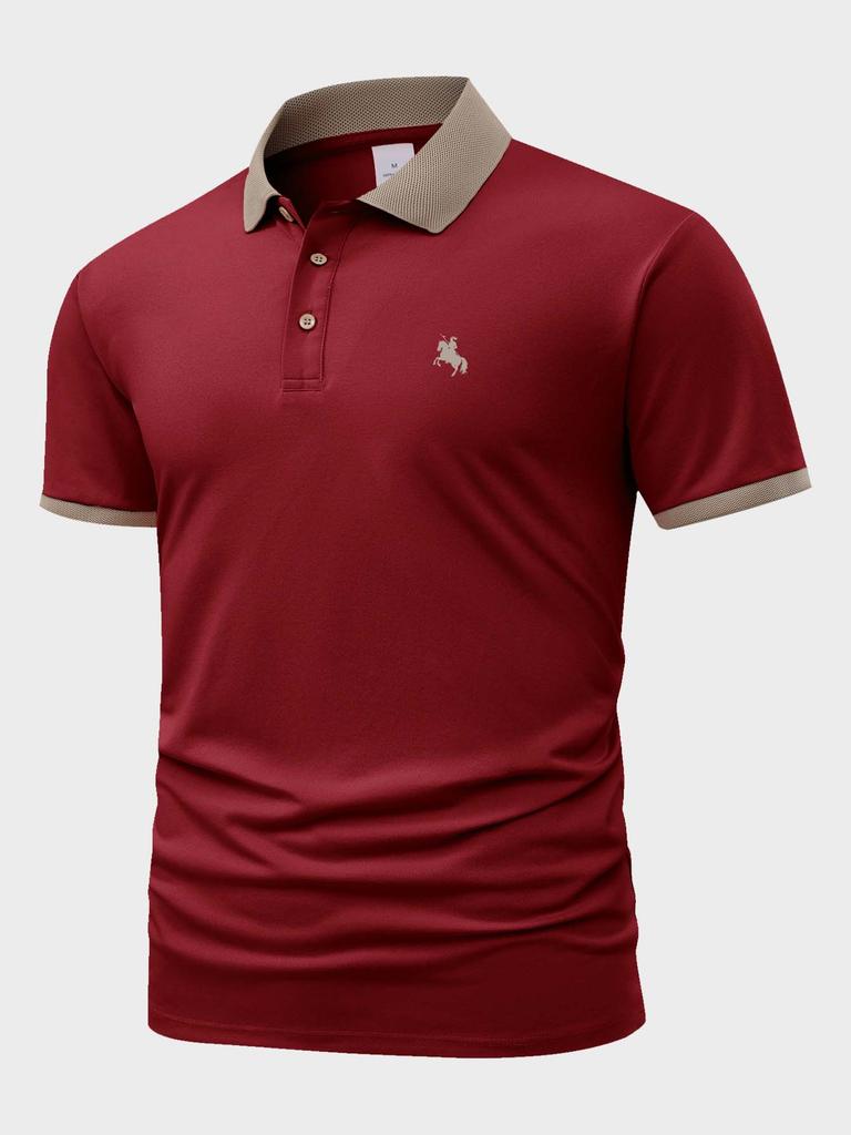 Men's Contrast Mesh Collar Polo Shirt, Equestrian Embroidered Business Casual Short Sleeve Top