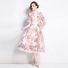 Elegant Floral Print Lace Summer Dress for Women High Quality Hollow Out Short Sleeve Slim Party Dress Robes Femme