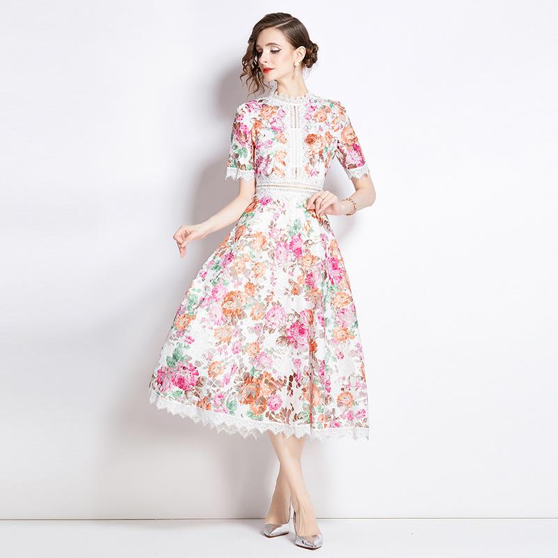 Elegant Floral Print Lace Summer Dress for Women High Quality Hollow Out Short Sleeve Slim Party Dress Robes Femme