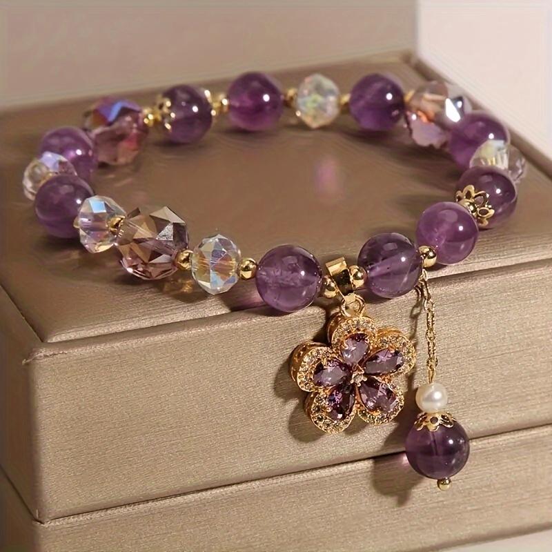 1Pc Fashion Purple Crystal Beads Elastic Bracelet With Flower Pendent Perfect For Women Jewelry Gift