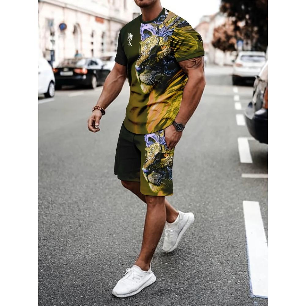 Funny 3D Cat Print Men's Sets Summer Casual O-neck Short Sleeve Tops Shorts 2 Piece Fashion Lion Pattern Suit T-Shirts Outfit