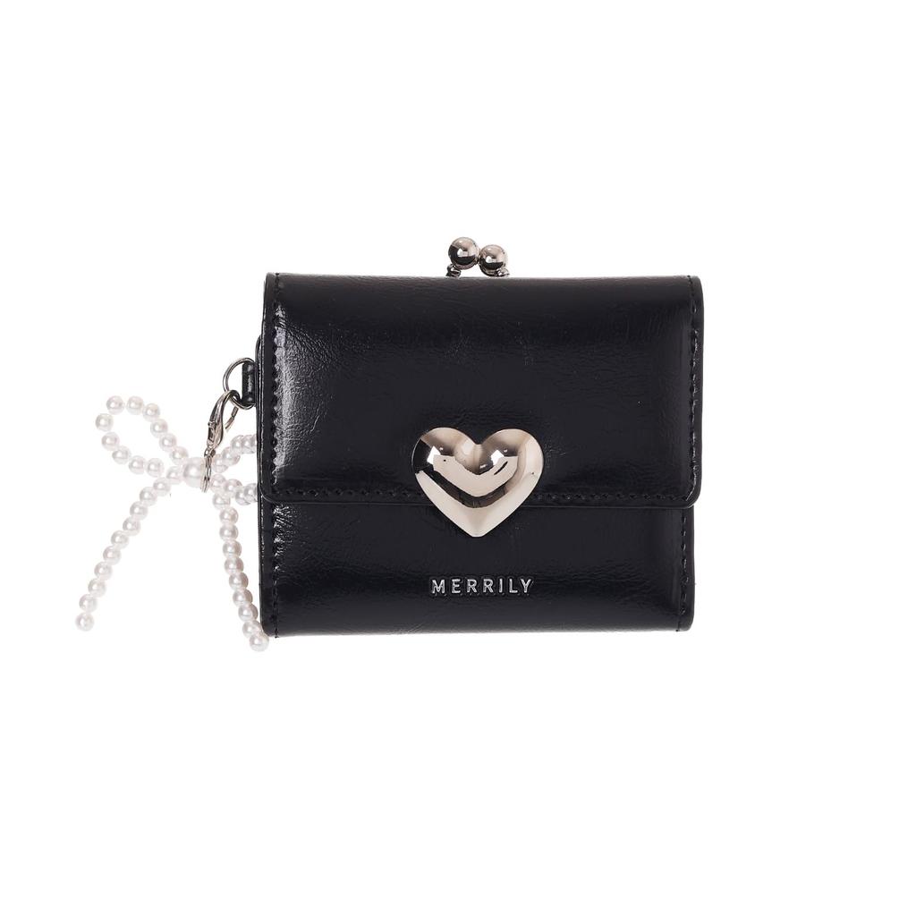 Coboca+ WC25152 MERRILY Mini Wallet, Pearl Heart Charm, (BlackChocolate), 8 Card Slots, 9 X 10 X 3 Cm, 155 G (Black)