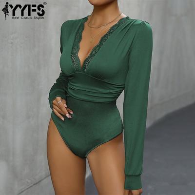 Women's Fashion Casual Solid Color Print Spring Autumn Long Sleeve V-Neck Bodysuits