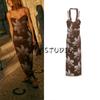 Autumn New Women's Clothing Ruched Decoration V Neck Sleeveless Printed Silk Net Scarf Midi Skirt Dress 8220112