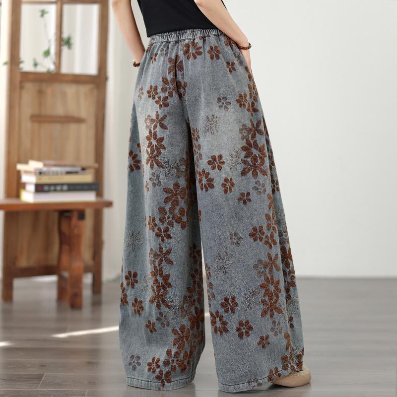DIMANAF 2026 Summer New Plus Size Women Jeans Vintage Floral Elastic Waist Long Pants Loose Casual Denim Cotton Trousers Pants