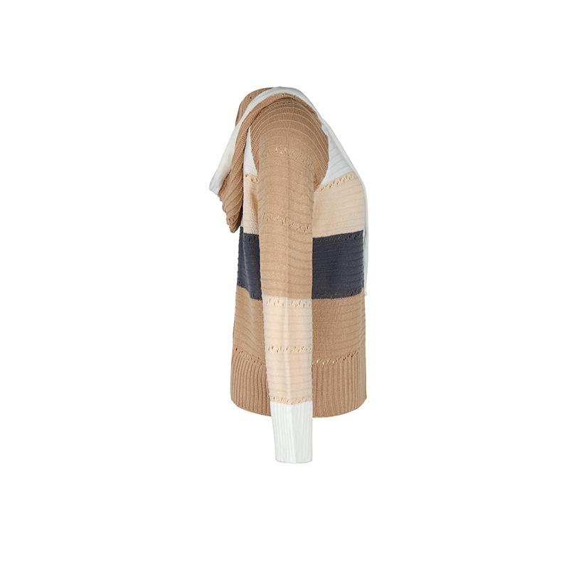 Autumn Women's Knit Blouse Sweatshirt Loose Cozy Casual Hooded Colorblocked Pullover Knit Sweatshirt