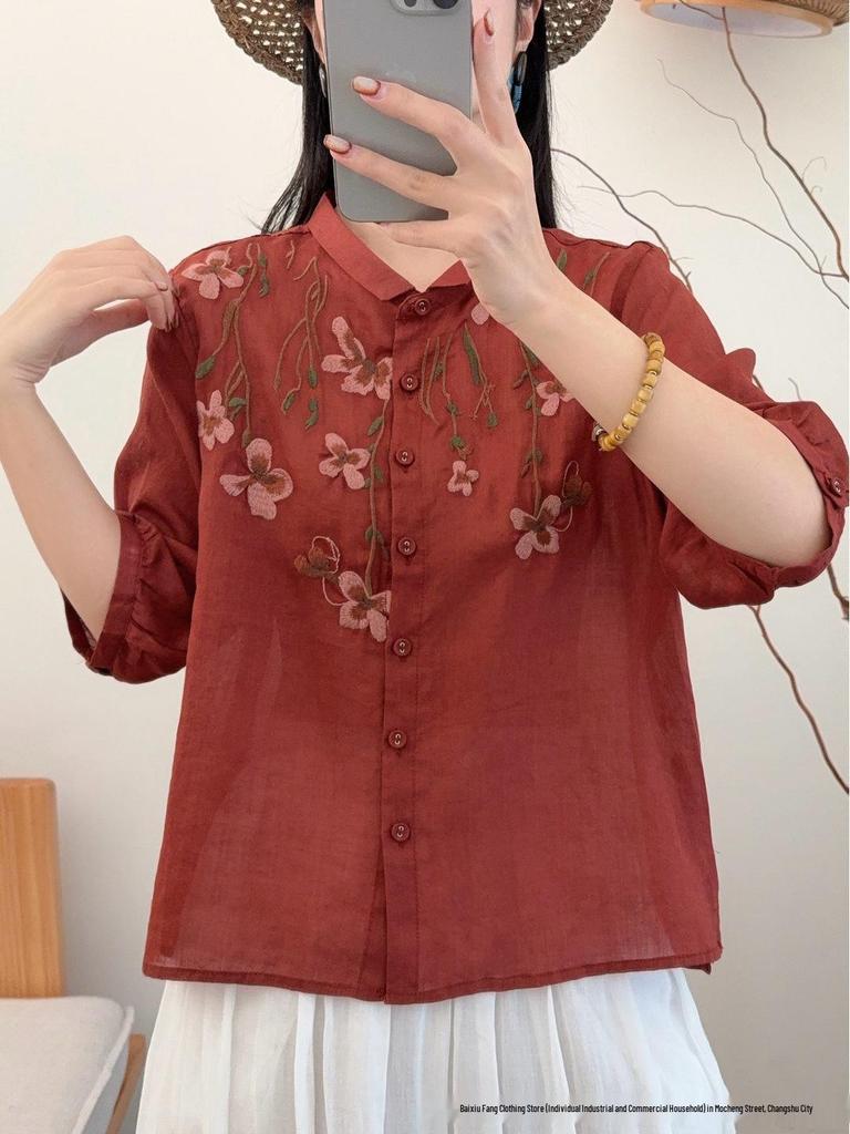 2026 Summer Women's Artistic Embroidered Linen Shirt: Chinese Style, National Flair, Small Lapel, Five-Point Sleeves