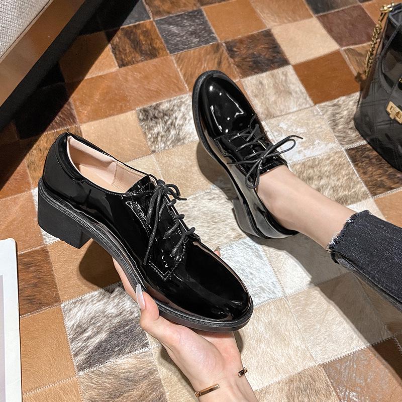 Women's Black British-Style Genuine Leather High Heels - Soft Sole, 2025 Autumn Collection