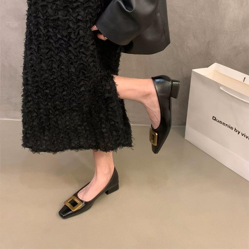 Thick Heel Square Head Single Shoes Women's Shoes New Spring and Autumn One-pedal Retro Versatile Black Commuter Shoes