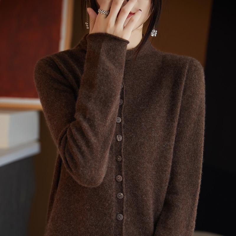 Dámský podzimní pletený kardigan s dlouhým rukávem a zapínáním na knoflíky a zimní francouzská pletená bunda