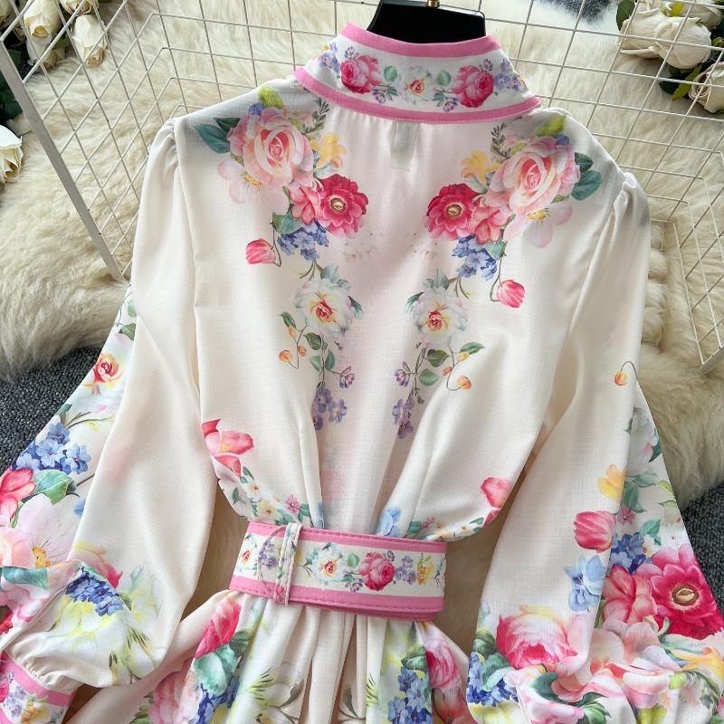 Rochie de damă de primăvară cu rever, mâneci felinar, pictată și imprimată, cu talie marcată, cu un singur rând de nasturi și croială amplă