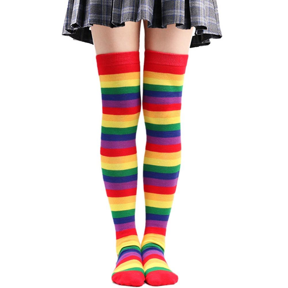 Femmes Filles Fantaisie Arc-en-Ciel Coloré Rayures Au-Dessus du Genou Chaussettes Longues Costume Cosplay Halloween Tricotées Extensibles Cuisse Haute