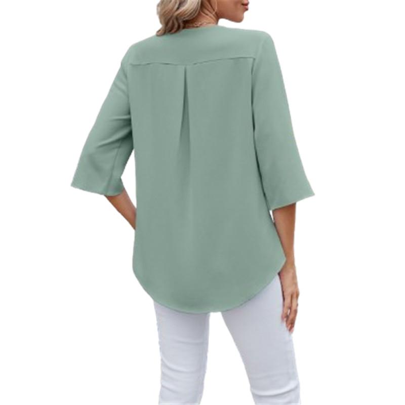 Cămăși Casual Elegante pentru Femei cu Decolteu în V și Volane Topuri Simple Culoare Uni Manșetă 3/4 Largă Bluză din Șifon pentru Femei Ropa De Mujer