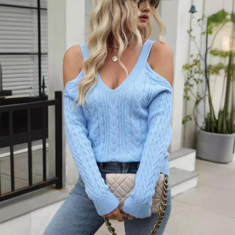 Women's Fall Sexy Halter Strapless Knit Sweater Solid Color Long-sleeved Twist Sweater Women Comfortable Versatile Fashion