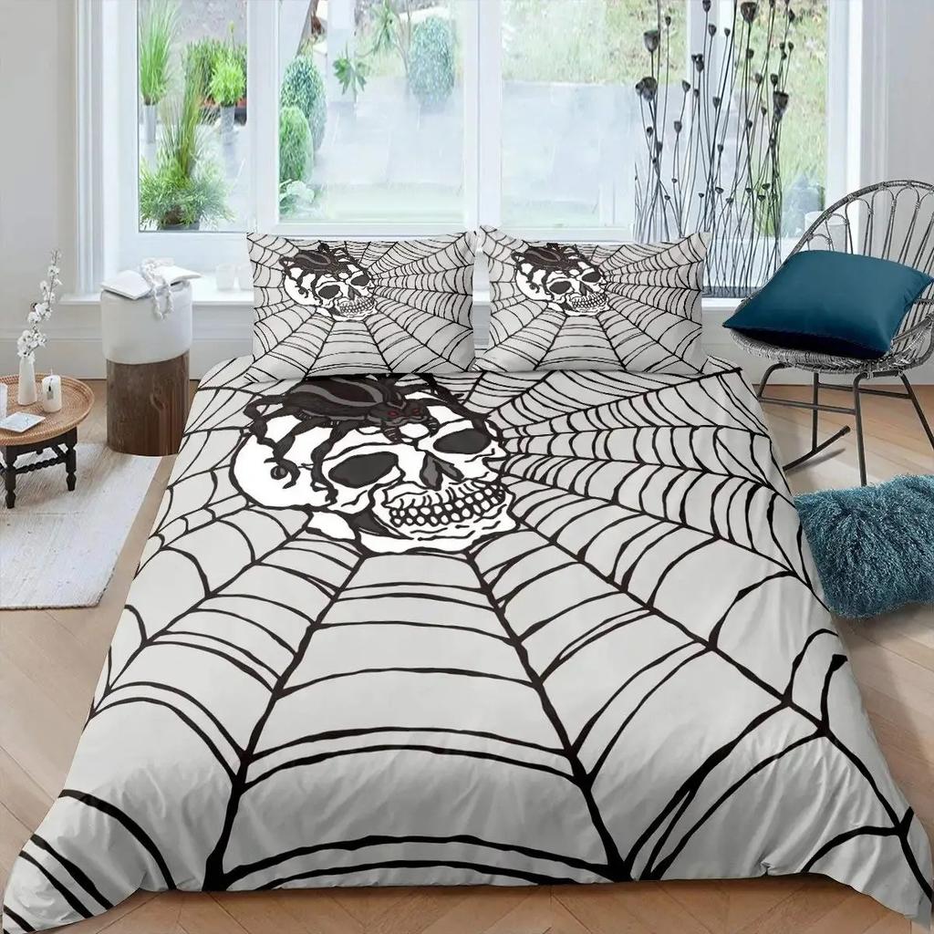 Spider Web Duvet Cover Set Halloween Spider Bedding Sets Boys Girls Black White Comforter Cover Trick or Treat Quilt Cover Set