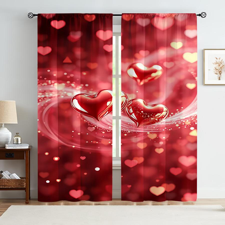 2PCS Red Gold Heart-shaped Curtains   Romantic Style   Bedroom and Living Room   Decorative Curtains with Drawbar Pockets