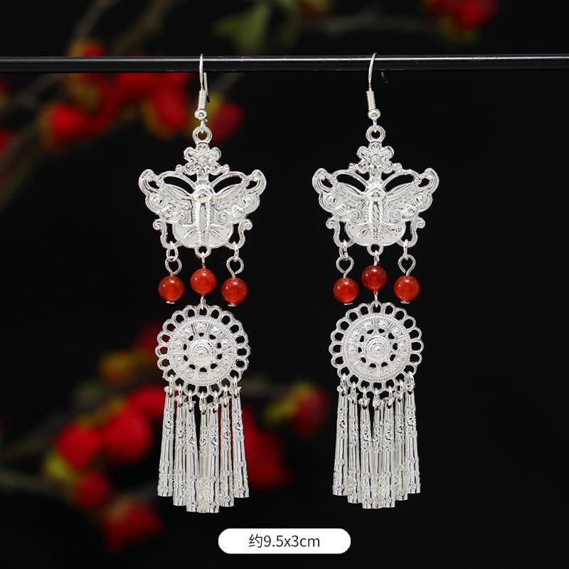 Miao Yin earrings original niche retro Dongling jade earrings long fringed earrings women