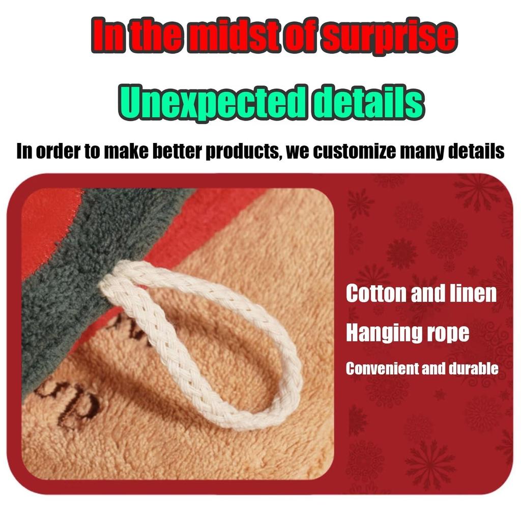 Thicken Coral Fleece Hanging Hand Towel, 3D Christmas Santa Claus Hand Towel for Kitchen & Bathroom Fast Drying Cleaning Towel
