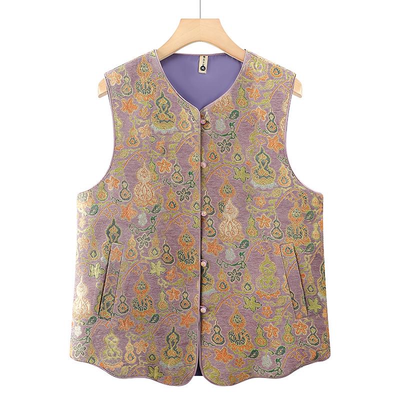 

Stylish Print Vest with Pockets: Large Size Sleeveless Jacket for Middle-aged and Elderly Women 180 for 110-125 lbs фиолетовый