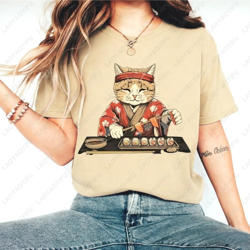 Funny Sushi Kitten Chef Oneck Printed Unisex Tops Creative Trend Cat Lover Gift Shirt for Women Japanese Food Cotton Tshirt