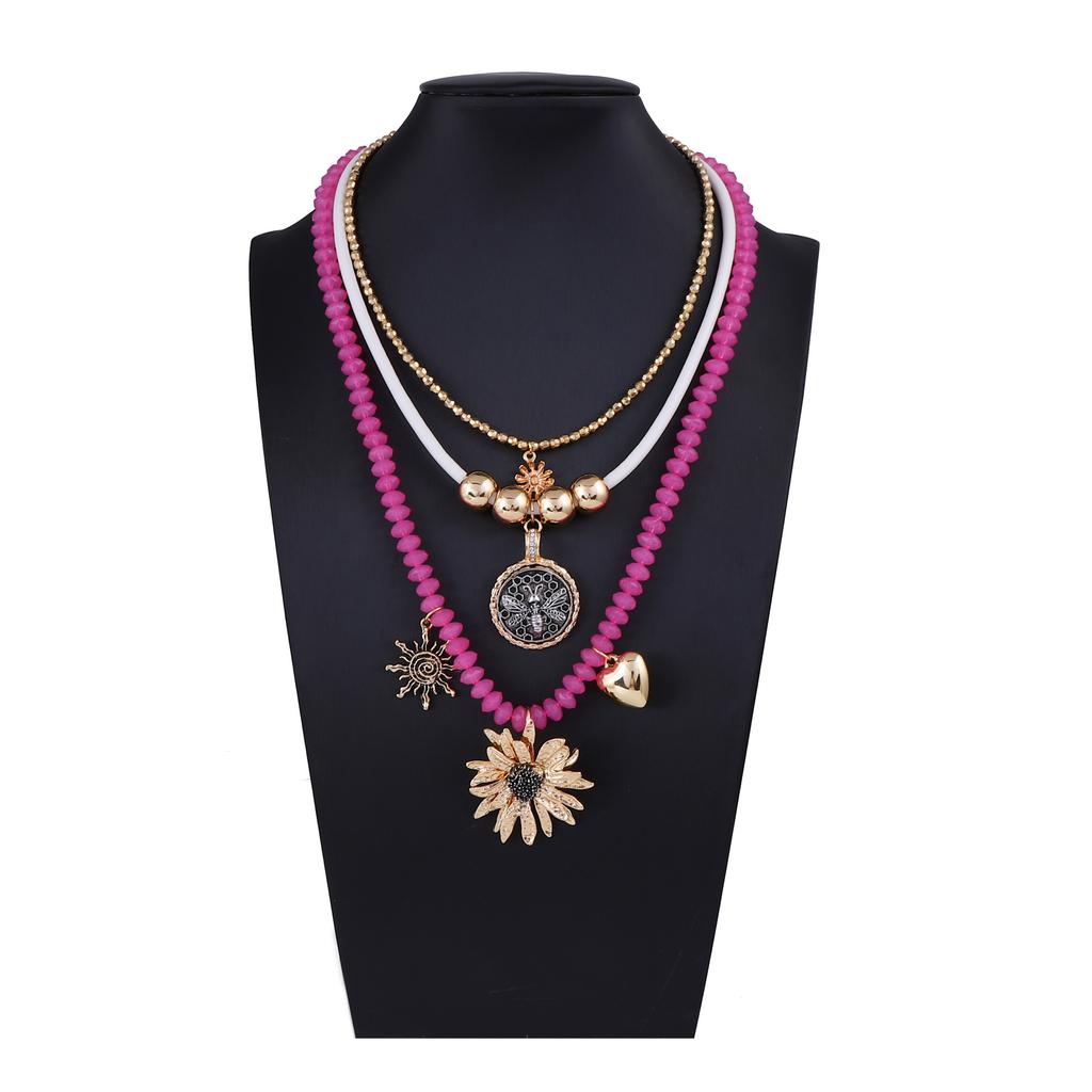 European and American light luxury high-end design sense multi-layer stacking beaded alloy flower animal pendant female versatile necklace