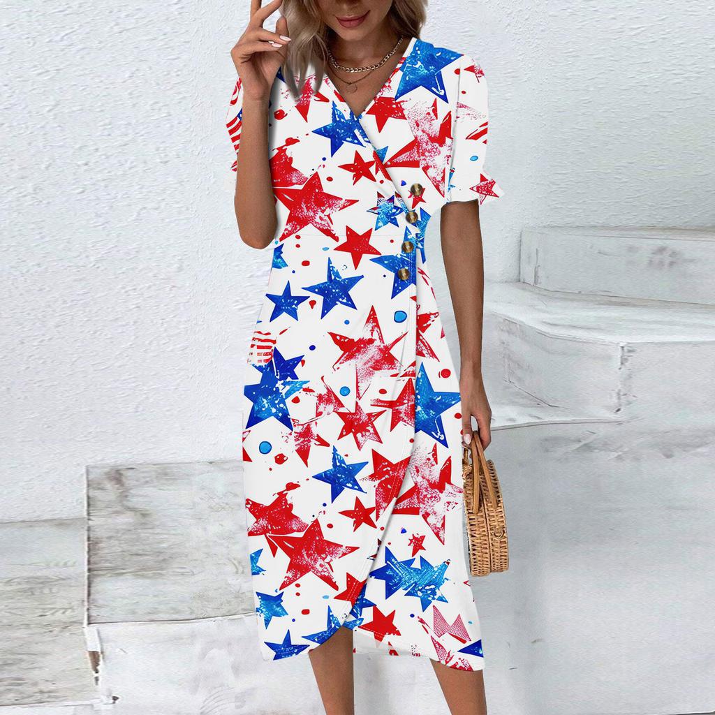 Strandkleider für Damen Frühling Sommer Elegant Wickel V-Ausschnitt Unabhängigkeitstag Print Kleid Fließend Gerafft Hawaiianisches Maxikleid
