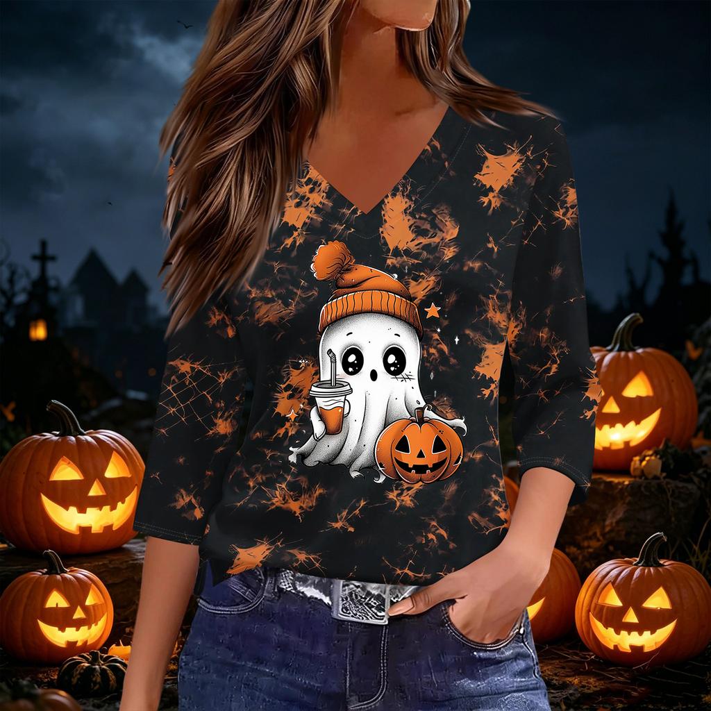 Women's Casual V-Neck Three-Quarter Sleeve Top with Halloween Print