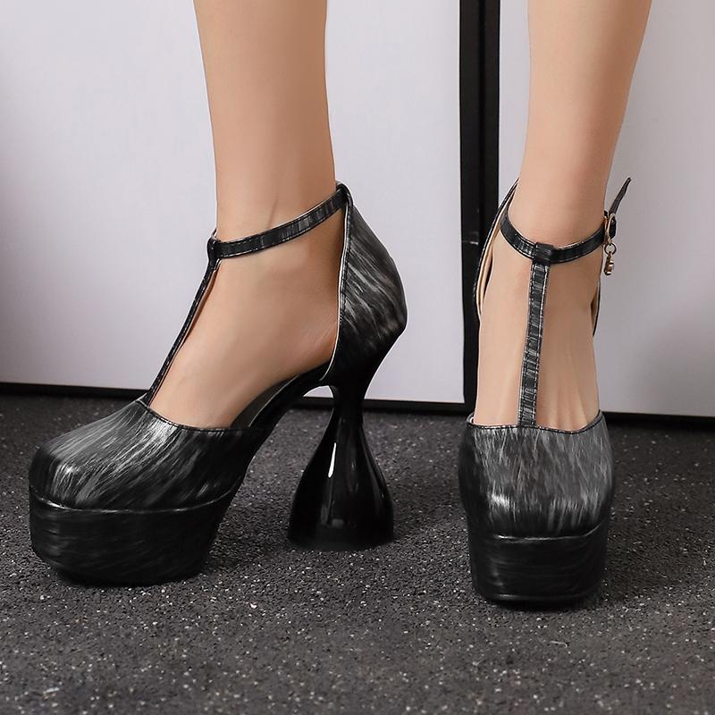 Black Women's Sandals Shoes Summer 2025 Sexy Platform Closed toe Strange High Heels T-Strap Dance Fetish Shoes Ladies Big Size