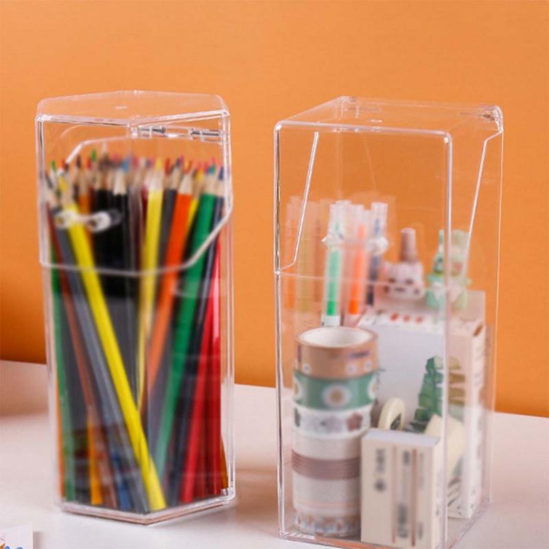 Tabletop Clear Pencil Holder with Lid Storage Box Dustproof Student Office Desk Organizer
