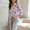 Damen Revers Langarm Bluse mit buntem Blatt-Blumenmuster auf hellem lila Hintergrund, Tägliches Haus Oberteil
