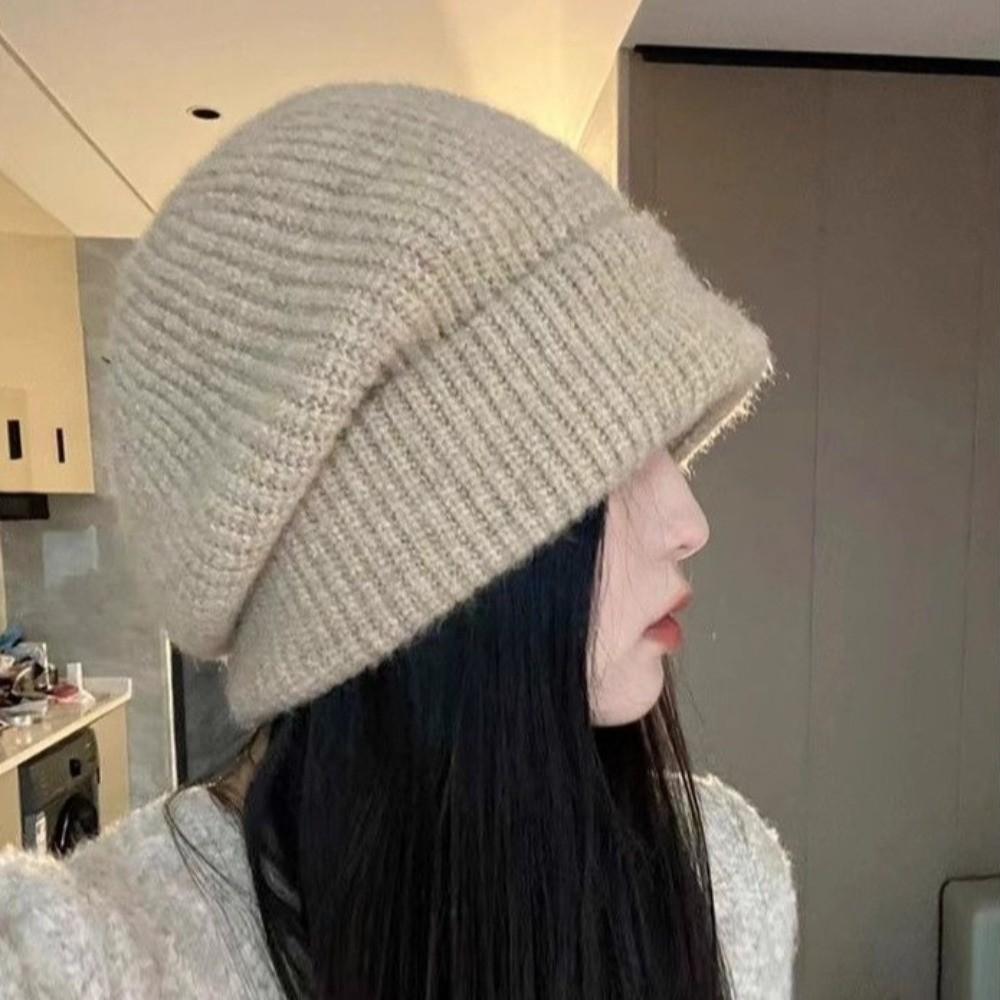 Casual Big Head Winter Hat Windproof Warm Beanie Hat Coldproof Elastic Knitted Pullover Cap Outdoor Sports