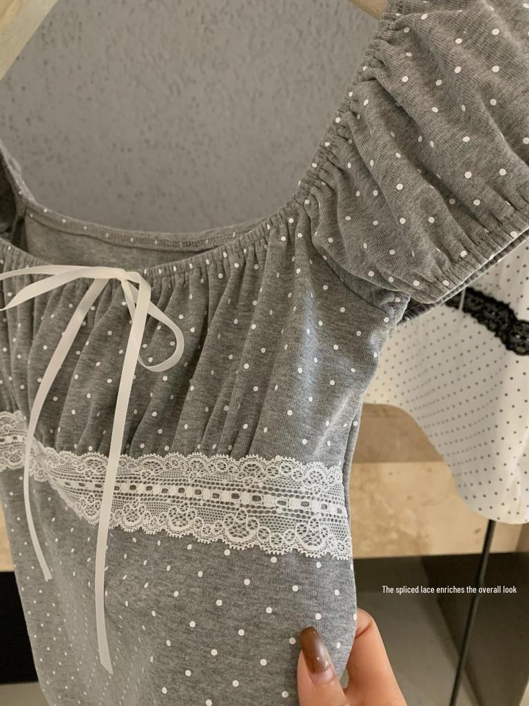 Petite Polka Dot Square Neck T-shirt - Women's Spring/Summer Slim Fit Short Sleeve Top