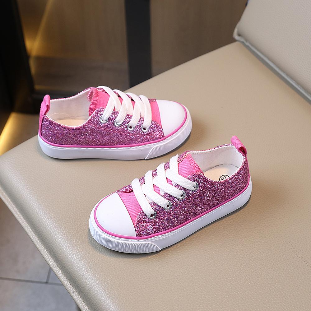 COMFY KIDS Girls Pink Glitter Princess Low Top Canvas Shoes Breathable Fabric Lace-Up Pull Tab All-Season Wear Party Casual Shoes