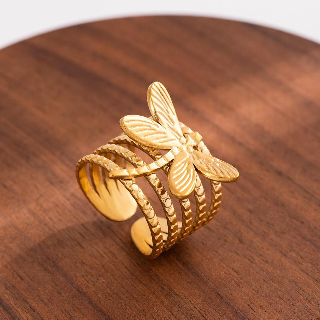 Dragonfly Stainless Steel Colorfast Open Ring for Women, Titanium Steel Vacuum Electroplated Index Finger Ring