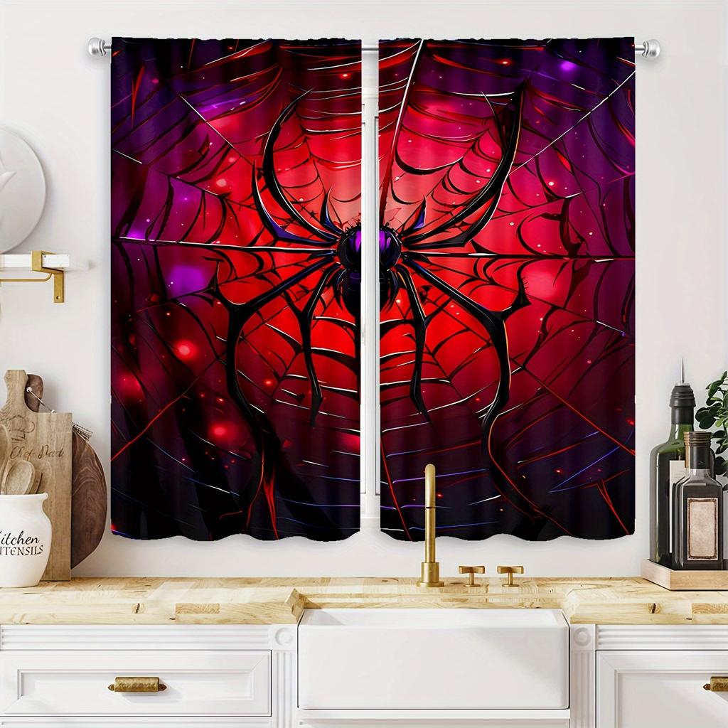 2 Stück Rote Spinnennetz HD Digitaldruck Vorhänge Heimdeko Wohnzimmer Schlafzimmer Stangentaschenvorhänge Arbeitszimmer Fenster Büro Heimdeko