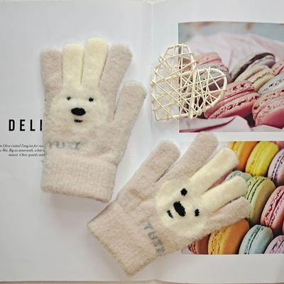 Niedliche Cartoon Kaninchenkopf Furni Mädchen und Jungen Winter Warm und Kältefest Fünffinger Gestrickte Jacquard Plüschhandschuhe