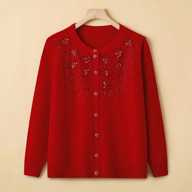 La abuela usa tops para madre Suéter de cuello redondo Chaqueta Suéter para mediana edad y ancianos Primavera y otoño Suelto Bordado Cárdigan de punto