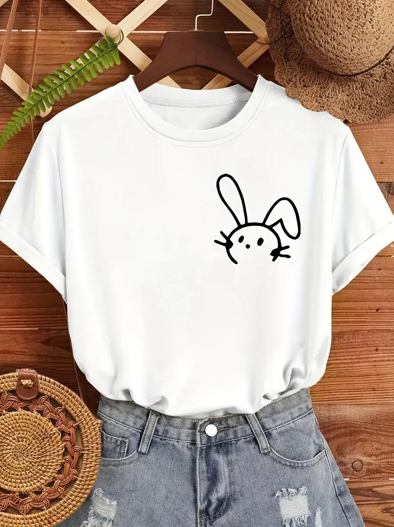 Neck Short Sleeve Stretchy Fabric Retro Minimalist Design UnisexS Cute Bunny Print TShirt Casual Crew Streetwear Summer Tops
