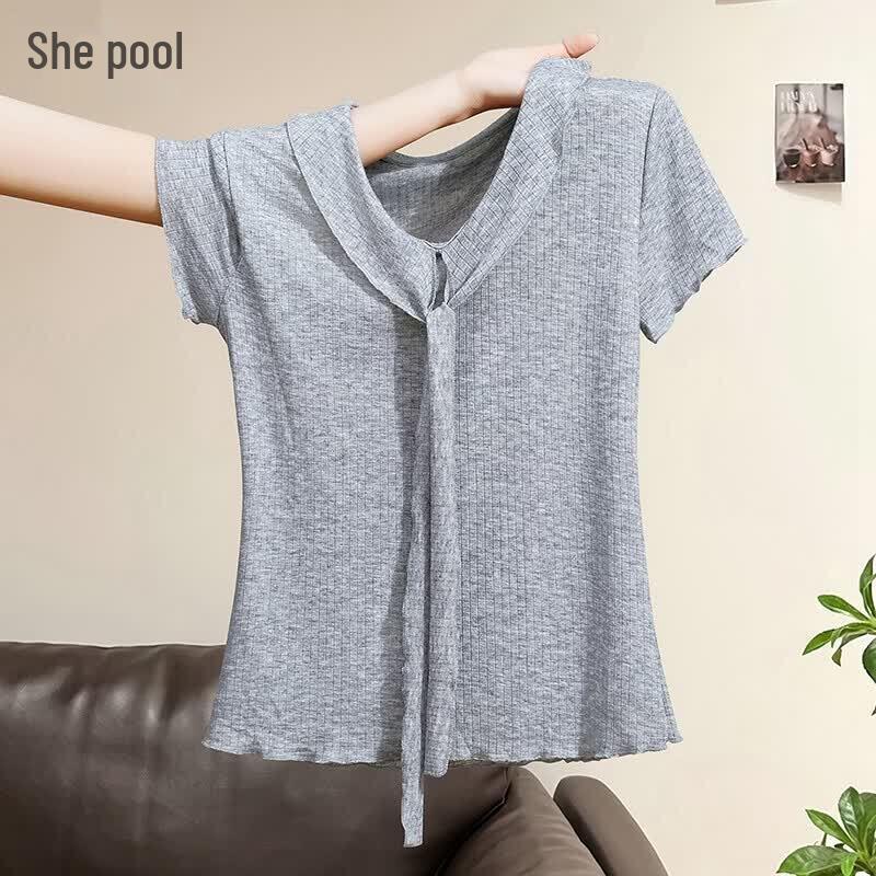 Ta Chi Women s V-Neck Ruffled Tie-Up Slim Fit Short Sleeve T-Shirt S серый