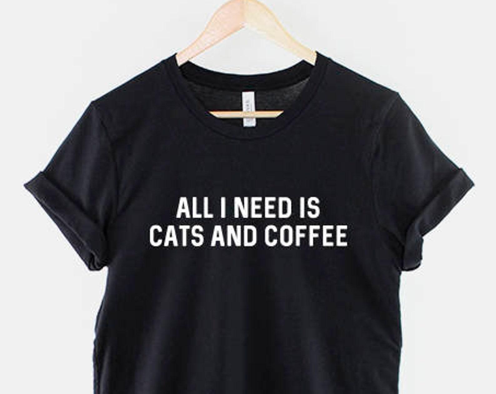 Cats and Coffee Graphic T-Shirt, Cat Lover Humor Top 2XL