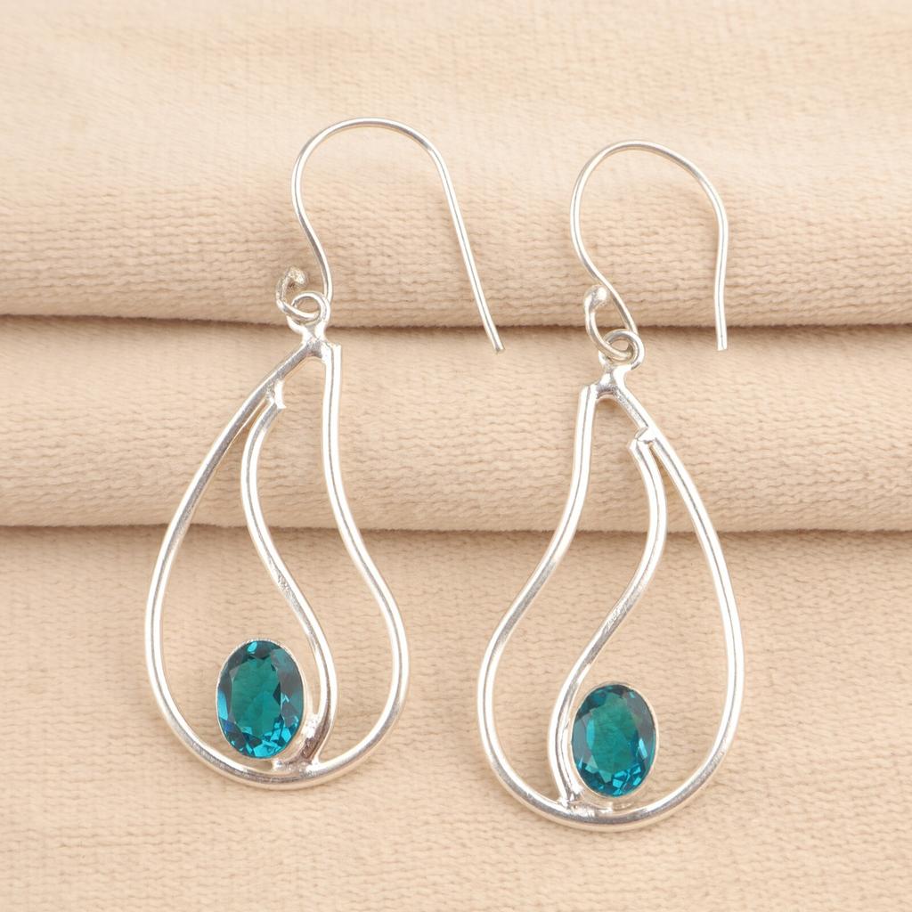Oval Natural Apatite 925 Silver Daughter Gift Dangling Throat Chakra Earrings EE-139-2