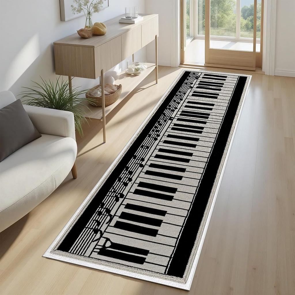 Piano Keyboard Pattern Runner Rug Vintage Musical Soft Non-Slip Carpet Retro Home Decor Music Note Floormat for Hallway Bedside