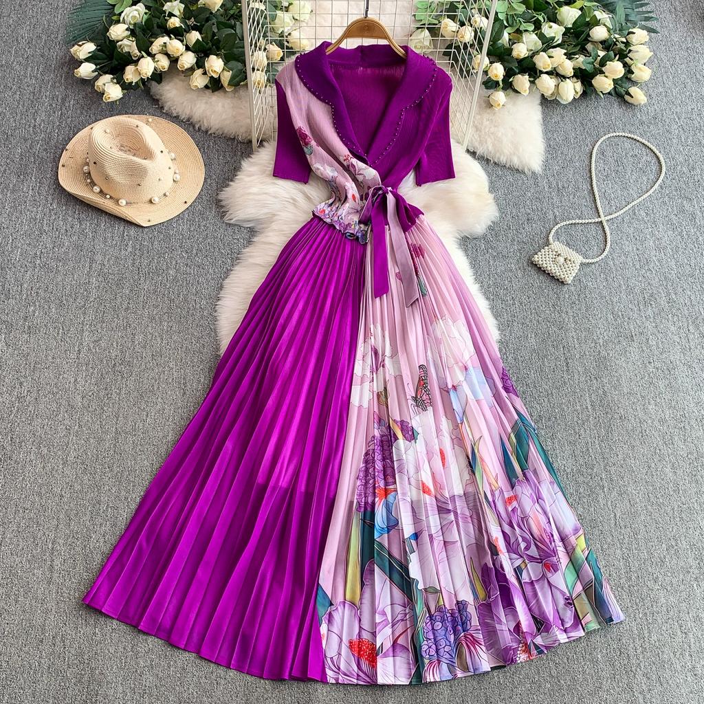 Summer Women Casual Plus Size Miyake Folds Print Beading Lace-up Oversize Loose Long Maxi Pleated Dresses