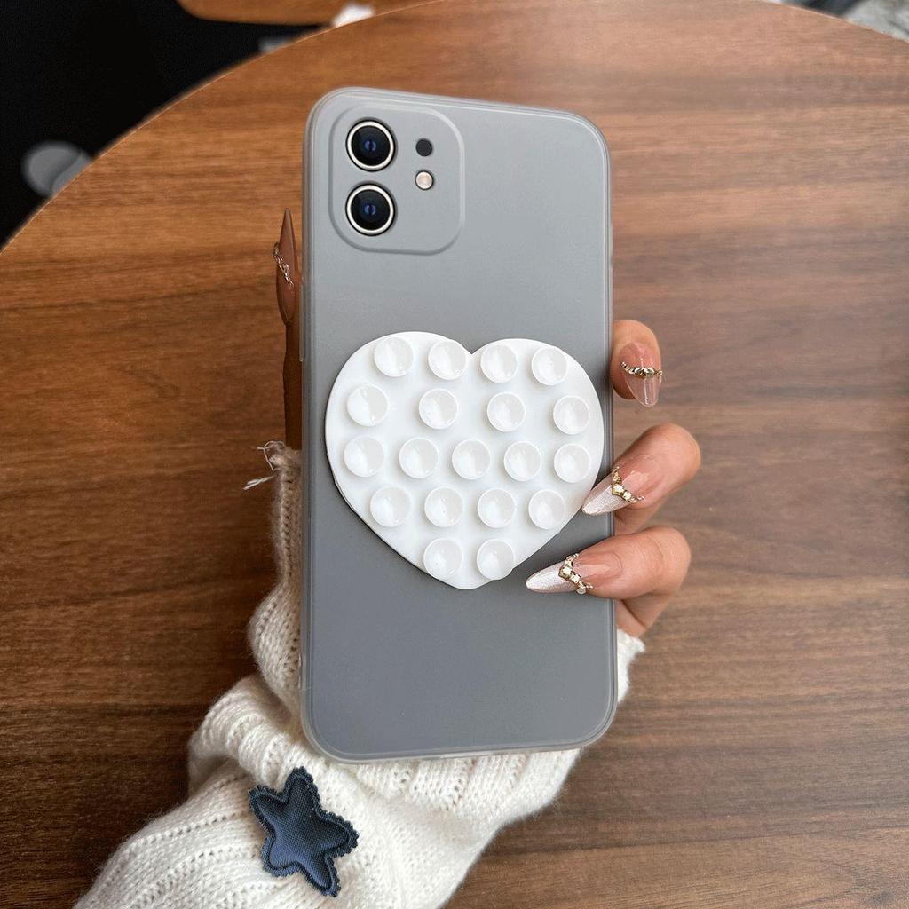 Heart Shape Suction Cup Phone Case for iPhone 12,11 Semi Transparent Matte Shockproof Soft TPU Cover