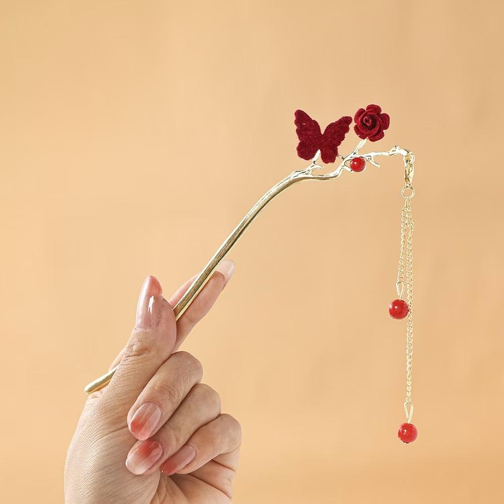 Romantic Rose Chinese Style Tassel Hair Clip Women's Fashion Handmade Hair Clip Exquisite Gift Women Hair Needle Hair Accessory