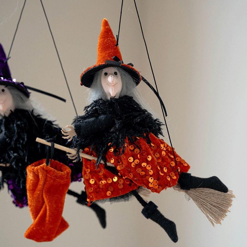 Multicolor Halloween Hanging Decoration Riding a Broomstick Witch Cartoon Pumpkin Ghost Drop Ornament Scene Dress Up