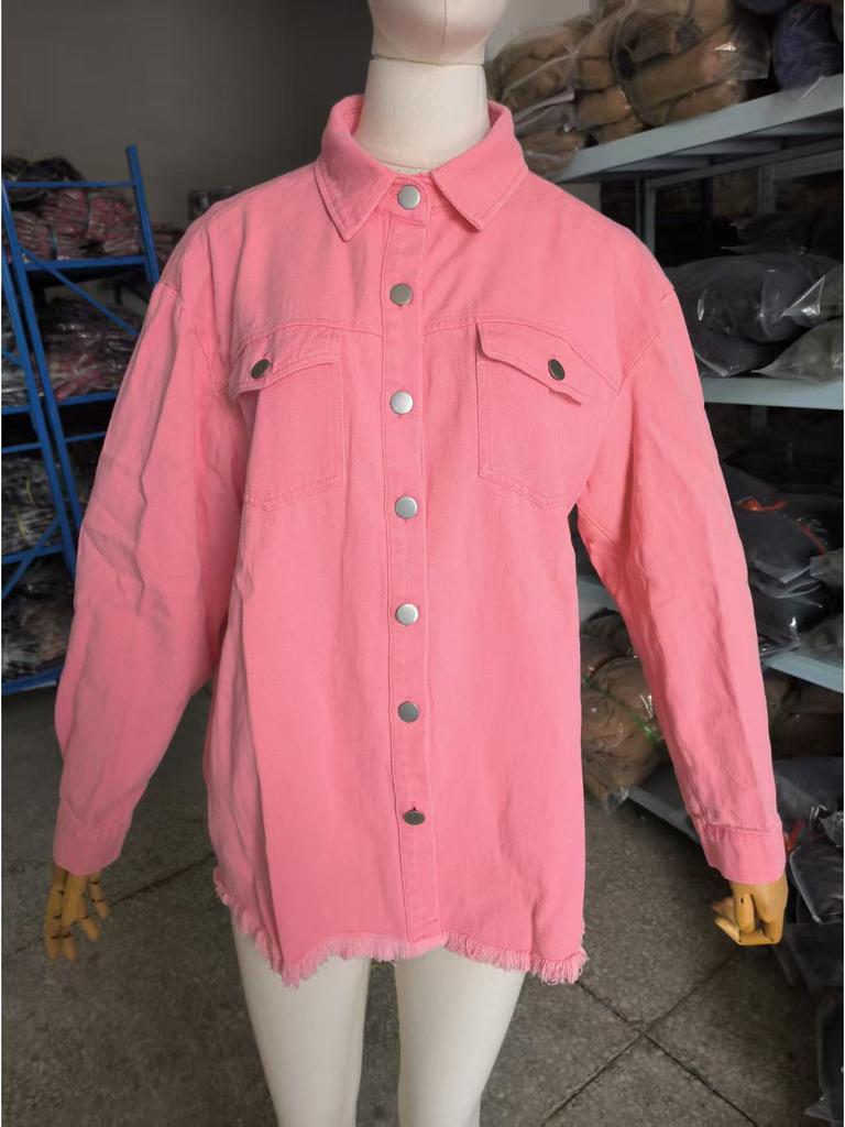 Women's Frayed Hem Denim Shirt Jacket - European & American Street Style for Autumn/Winter.