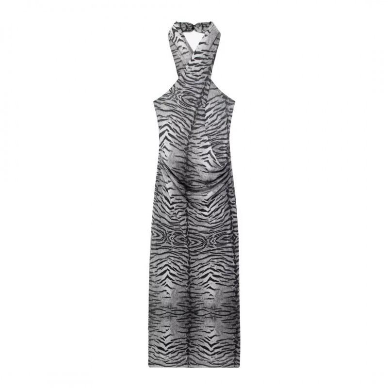

European American Women s Clothing Summer Backless Animal Pattern Hanging Neck Collar Dress L