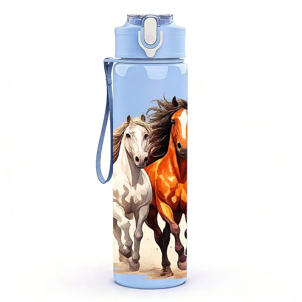 1PC Running Horse Herd Western Animal Print 750ml Color Plastic Sports Water Bottle Leakproof Flip Straw Lid Suitable for Sports Office Home Use