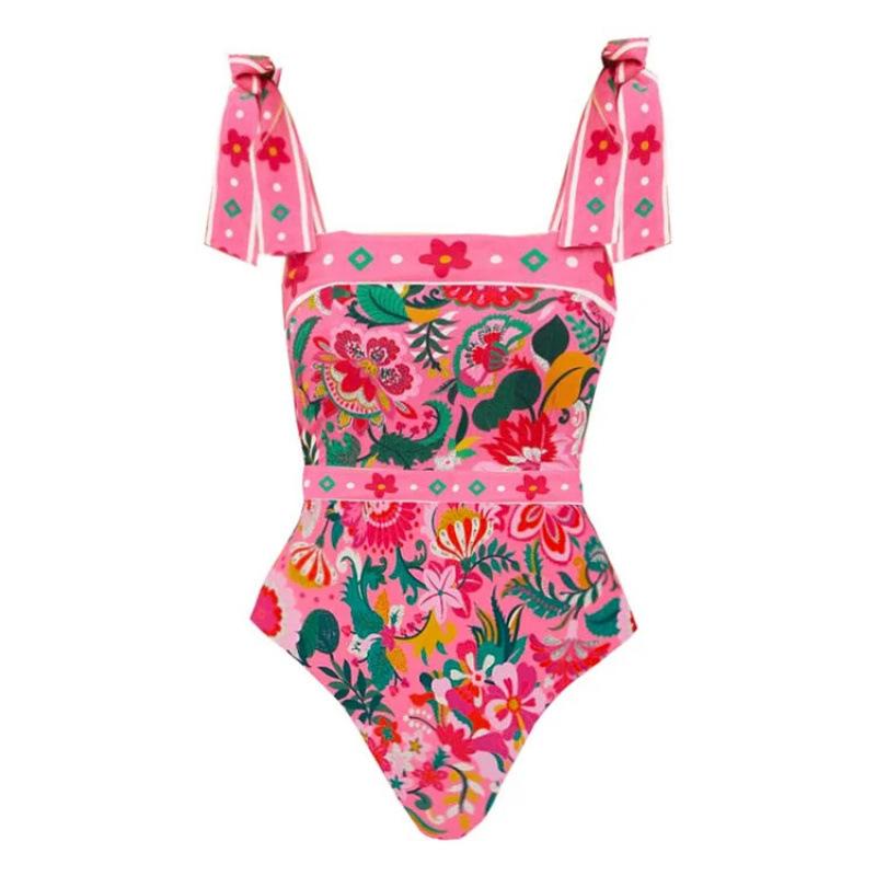 European and American swimwear bow tie holiday style floral one-piece swimsuit suit women S